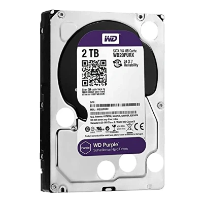 Imagen de Western Digital WD Purple 2TB para videovigilancia 3.5 pulgadas SATA 6 Gb/s disco duro con tecnología AllFrame 4K 180TB/yr, 64MB Cache, 5400rpm WD20PURZ, Púrpura