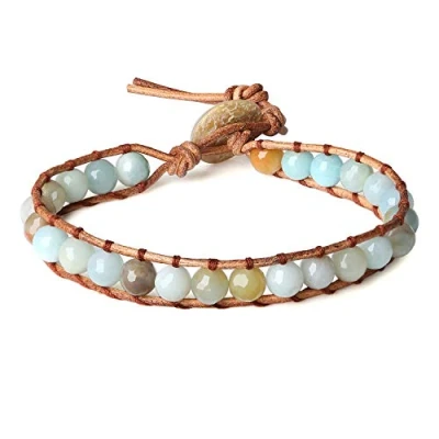 Imagen de COAI Pulsera para Mujer de Cuero Genuino y Cuentas Amazonita Piedra Natural Gema Preciosa
