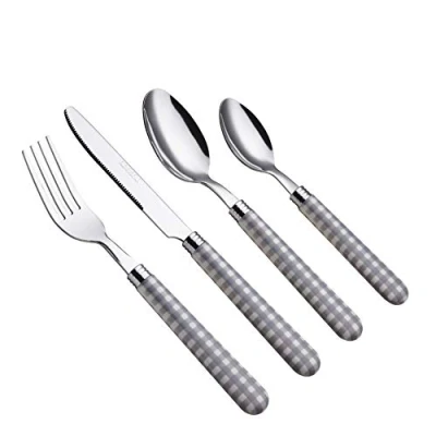 Imagen de EXZACT Cuberterías 24 Piezas Patrón a Cuadros/Gingham Cubiertos Acero Inoxidable con manecillas de Color 6 x Tenedores, Cuchillos, Cucharas, Cucharaditas (Gris 24)