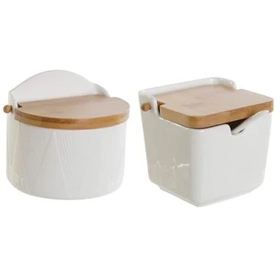 Imagen de Salero y Azucarero de porcelana blanco con tapa bambu estilo nordico (Pack)