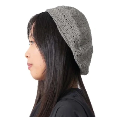 Imagen de CHARM Mujer Gorro Boina De Punto Crochet Beret Francesa Beanie para Mujeres Verano Sombrero Estilo Boho Vintage Gris Carbón