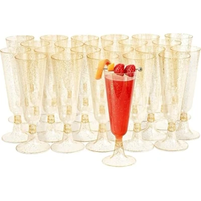 Imagen de MATANA 24 Copas de Champán Plástico con Brillo Dorado, 150ml Flautas Vasos Reutilizables y Resistentes para Cócteles, Postres Bodas, Cumpleaños, Fiestas