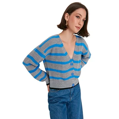 Imagen de Trendyol Cárdigan de Punto estándar con Cuello en V para Mujer Suéter, Gris, M