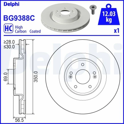 Imagen de DELPHI BG9388C Disco de freno 350 30 5 ventilado revestido altamente carbonizado sin cojinete rueda, anillo sensor ABS KIA: Stinger Hatchback