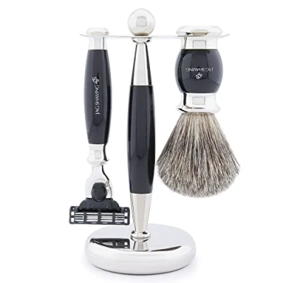Imagen de Set de afeitado Jag Shaving Luxury Black para hombre con maquinilla afeitar compatible 3 bordes, brocha y soporte