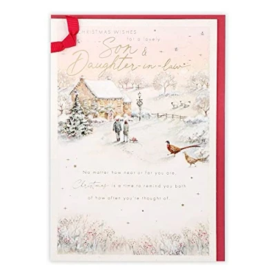 Imagen de Clintons: Tarjeta de Navidad con texto en inglés Hijo y hija la ley para pareja casa nieve