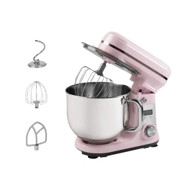 Imagen de Bestron robot pastelero (65 dB), de cocina 4 en 1, cuenco 6 litros, incluido gancho amasador, batidor y plano, velocidades + función Pulse, rosa
