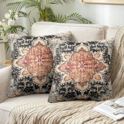 Imagen de Juego de 2 Negro Funda Cojin Etnico 45x45 Boho Fundas Cojines Mandala Flores Modernos Almofadas Decorativas Geometría Cuadrada Decorativos para Sofa Cama Coche Hogar