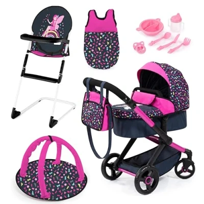 Imagen de Bayer Design 17080AB Cochecito de muñeca XEO, Convertible, Regulable en Altura, Trona para muñeco bebé, Bolsa, Saco Dormir, Gimnasio Actividades, Accesorios