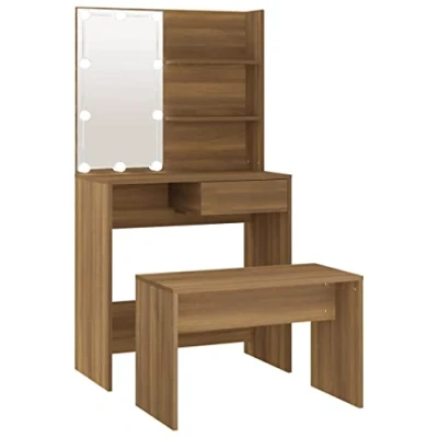 Imagen de vidaXL Juego de Tocador con LED Mesa Maquillaje Cosméticos Joyería Almacenamiento Taburete Dormitorio Madera Contrachapada Roble Marrón