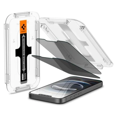 Imagen de Spigen Glas.tR EZ Fit Filtro Privacidad Protector Pantalla para iPhone 16e, 14, 13, 13 Pro, 2 Unidades, Compatible con Funda, Dureza 9H