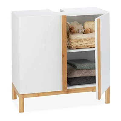 Imagen de Relaxdays Armario bajo Lavabo, Dos Compartimentos, MDF y bambú, Blanco marrón, 60,5x60x30,5 cm