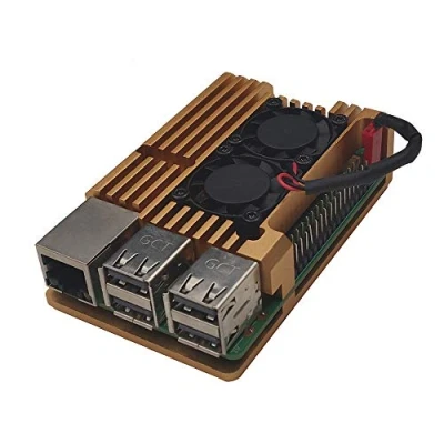 Imagen de ZkeeShop Caja de Aluminio con Doble Ventilador refrigeración Compatible para Raspberry Pi 3 Model B，Pi B+，Pi 2 B (No Incluye Board) (Dorado with Dual Fan)