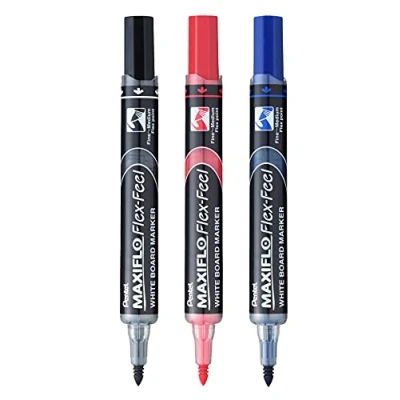 Imagen de Pentel MWL5SBF Maxiflo Flex Feel Marcador de pizarra blanca con punta flexible, juego 3 unidades (negro, rojo, azul)