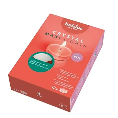 Imagen de Bolsius Maxi XL velas de té Taza transparente Blanco Caja 12 transparentes Larga duración combustión 8 horas Decoración interiores Sin perfume Cera vegana