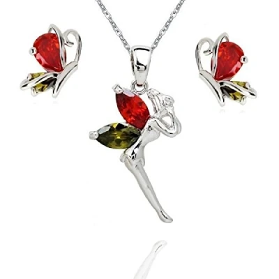 Imagen de Crystalline Azuria Mujer 18ct Chapado en Oro Blanco Hada Tinkerbell Mariposa Juego de joyas Colorido Cristales Zirconia Collar Pendientes para y Niña
