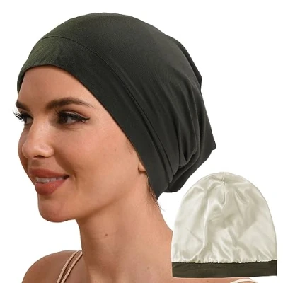 Imagen de Hat Hut gorro de dormir 100% seda morera con forro pura para cabello rizado, dormir, holgado seda, verde, Talla única