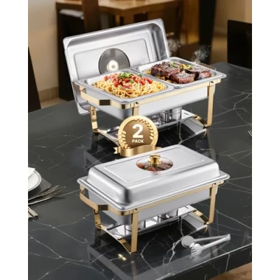 Imagen de VEVOR Juego de Calentador Alimentos Acero Inoxidable con 4 Recipientes Tamaño Medio(4 L Cada Uno), Rectangular, Tapa Vidrio y Soporte a Bandeja Agua Depósito Combustible, Dorado