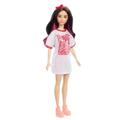 Imagen de Barbie Fashionistas muñeca n. 214, de Moda Coleccionable del 65 Aniversario con Pelo Negro Ondulado, Vestido y Accesorios para niños niñas + 3 años, HRH12