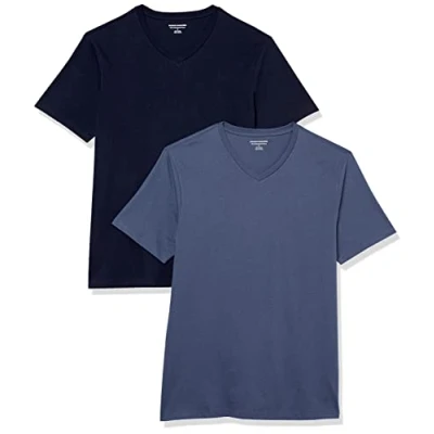 Imagen de Amazon Essentials Camisetas de manga corta con cuello pico y corte ajustado Hombre, Pack 2, Azul Marino/Azul Oscuro, XL