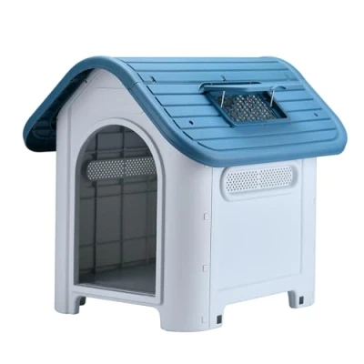 Imagen de Lanco Caseta para Perros Pequeños con Techo Solar Ajustable. Uso Interior y Exterior respiraderos. Material Resistente. 75x59x66cm. Azul Blanco.
