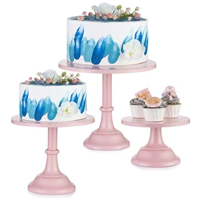 Imagen de 3 Piezas de Cake Stand Redondo Cupcake Soporte Metal Soportes Exhibición Postres con Diseño Simple, Rosado