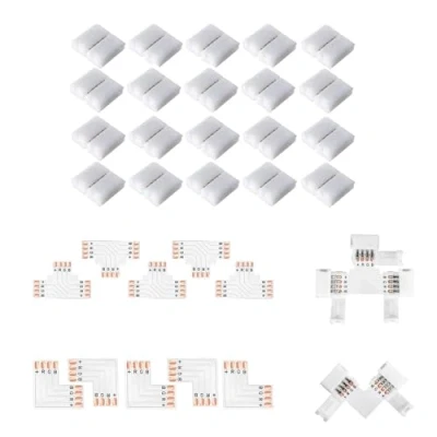 Imagen de Amefil Conectores de tira LED 4 pines sin soldadura, conector huecos, divisor en L RGB 8 mm ancho, forma T para tiras luces multicolor 3528 2835