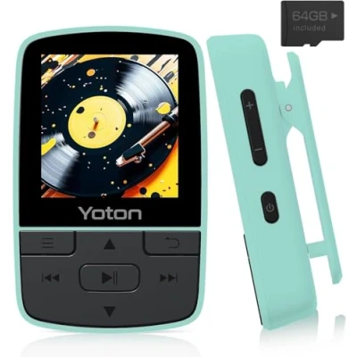Imagen de YOTON Reproductor de MP3 con Bluetooth 5.2, 64 GB Gran Almacenamiento, música HiFi, Clip Deportivo, tamaño Mini, botón Volumen Independiente, Radio FM, Auriculares incluidos (Verde)