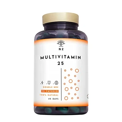 Imagen de Multivitaminas y Minerales, 200% Dosis Diaria, Complejo Vitamínico Completo. Magnesio, Vitamina C, D, Zinc, B1, B6, B12 más vitaminas para el cansancio, 90 Cápsulas. N2 Natural Nutrition EU