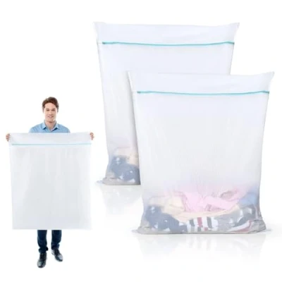 Imagen de OTraki Bolsa de Lavanderia Grande, 2 PCS Lavadora Malla 90 x 110cm Lavandería con Cremallera Saco para Colada y Organizador Ropa Suéter, Abrigo Cortinas Colchas