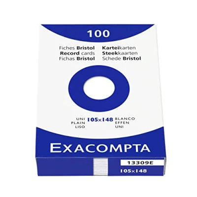 Imagen de Exacompta Bristol Tarjeta de registro, Liso, A6, paquete 100 tarjetas, Blanco, tarjetas