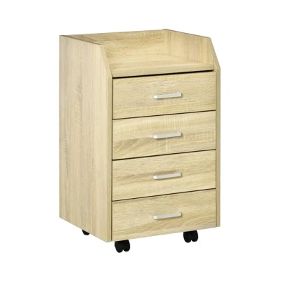 Imagen de Vinsetto Cajonera de Oficina Mueble Auxiliar para Archivos con 4 Cajones Encimera Superior Almacenaje Ruedas y 2 Frenos Estudio Despacho 40x36x65 cm Natural