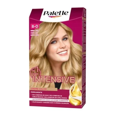 Imagen de PALETTE Intensive Creme color 8 0 Rubio Claro, tinte de pelo permanente con aceite macadamia y almendras, cubre el 100% las canas raíces, para un radiante