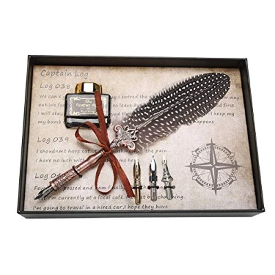 Imagen de Hakeeta Pluma Dip Quill Pen Set.Pluma Antigua Retro/Pluma estilográfica con 3 Puntas y Botella de Tinta. Caja Regalo papelería RARA(Negro)