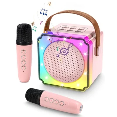 Imagen de Juguetes de Karaoke para niños con 2 micrófonos, máquina portátil luz LED y Efectos Cambio Voz, Regalos 3 a 10 años, navideños