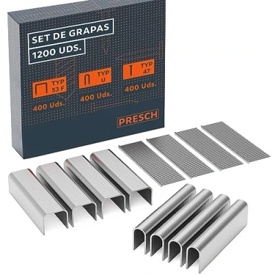 Imagen de Presch Set de grapas y Clavos para grapadora manual 1200 piezas Incluye tipo 53F 8mm, 47 10mm U 12mm Grapas, pistola neumática, electrica