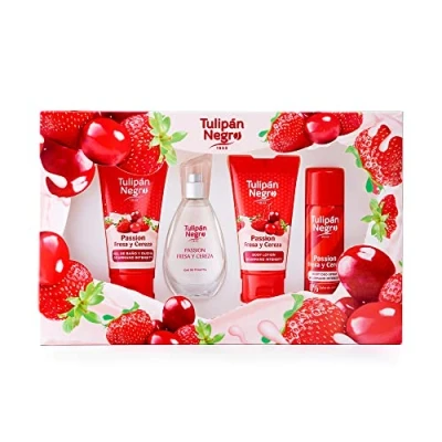 Imagen de Tulipán Negro Fresa y Cereza, Estuche de regalo Unisex, Colonia 50 ml + Loción Corporal 75 Gel Baño Desodorante Spray ml, Fragancia Dulce Fresca Larga Duración