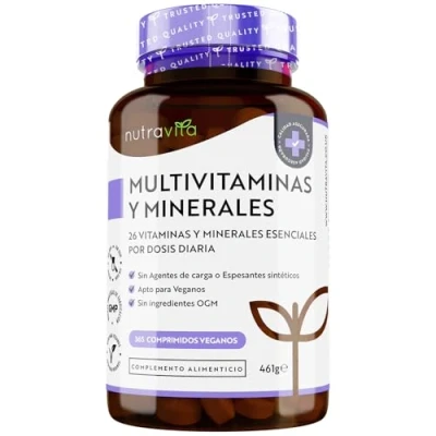Imagen de Multivitaminas y Minerales 365 Comprimidos Veganos Complejo Multivitaminico con 26 Esenciales Vitamina D3, C, A, B, E, Yodo, Selenio, Calcio, Hierro, Zinc Hombre Mujer Nutravita