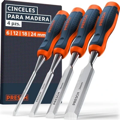 Imagen de Presch Juego de cinceles para madera 4 uds. Formones (6mm, 12mm, 18mm, 24mm) con ángulo 25 Acabado rectificado
