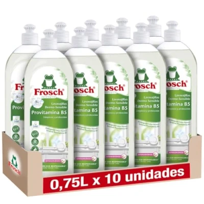 Imagen de Frosch Lavavajillas a Mano Líquido Vitaminas Ecológico, Libre de Colorantes y Perfumes, Apto para Pieles Sensibles, Hipoalergénico Pack 10 Unidades x 750 ml