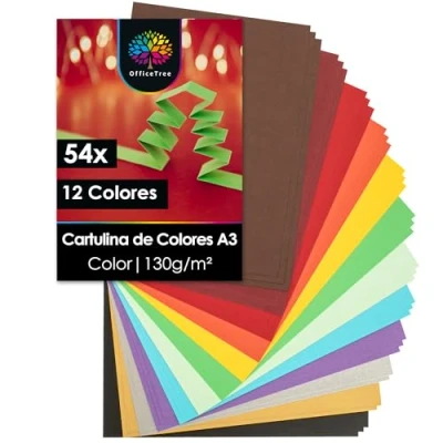 Imagen de OfficeTree 54x Cartulinas A3 Colores 130g 12 Cartulina para Manualidades Imprimir Hojas Bloc