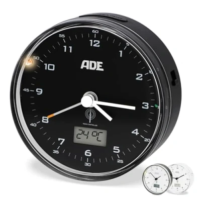 Imagen de ADE Titel Despertador analógico radiocontrolado sin tictac con indicador de Temperatura Calendario luz a Pilas Negro