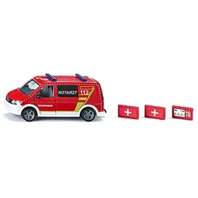 Imagen de siku 2116, VW T6 Ambulancia de emergencia, Metal/plástico, 1:50, Rojo/blanco, Ruedas intercambiables, Puerta del conductor y acompañante portón atrás abribles, Incl. accesorios