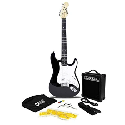 Imagen de RockJam Kit de guitarra eléctrica tamaño completo con amplificador 20 vatios, lecciones, correa, estuche, púas, trémolo, cuerdas plomo y repuesto Explosión Azul