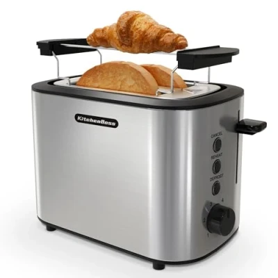 Imagen de KitchenBoss Tostadora 2 Ranuras：Tostadora con Bandeja Recogemigas e Calientapanecillos, 6 Niveles de Tostado, Pan Función Apagado Automático Descongelación, 870W