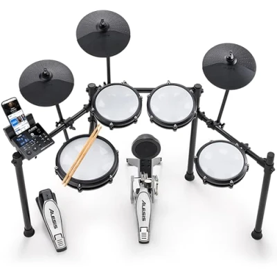Imagen de Alesis Nitro Max Kit Batería Electrónica con Parches Silenciosos de Malla, Caja Doble Zona 10, Bluetooth, 440+ Sonidos Auténticos, Lecciones Drumeo, USB MIDI, Pedal Bombo