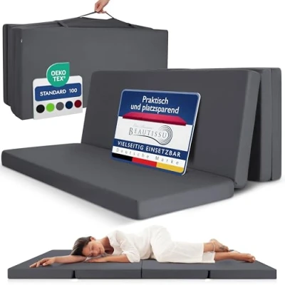 Imagen de Beautissu Colchón Plegable 100x200cm Funda de Microfibra Cuna Viaje Ahorra Espacio Colchoneta 10cm Grosor Colchones Antracita para Invitados Furgoneta Camper con Asa y Cierre Velcro Campix