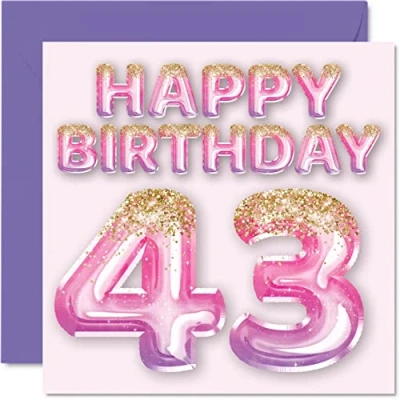 Imagen de Tarjeta de cumpleaños número 43 para mujer, globos purpurina rosa y morada, tarjetas feliz mujer años, mamá, prima, amiga, hermana, tía, 145 mm x mm, cuarenta tres