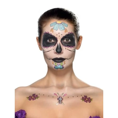Imagen de Smiffys Kit de calcomanías para la cara del Día Muertos, Aqua,Multicolor, Maquillaje, pegatinas con gemas, ceras y aplicadores