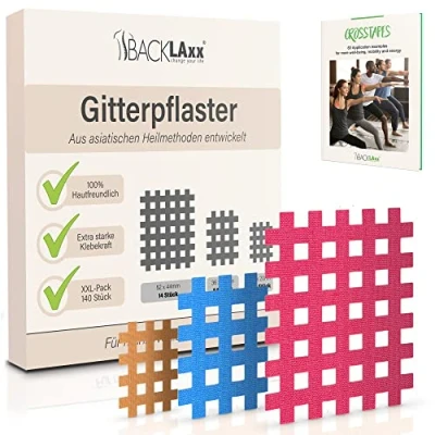 Imagen de BACKLAxx ® Tiritas cicatrizantes 140 piezas de primera calidad Apositos adhesivos en 3 tamaños tipo a b c eBook gratuito con 60 ejemplos Parches acupuntura para el dolor Crosstape